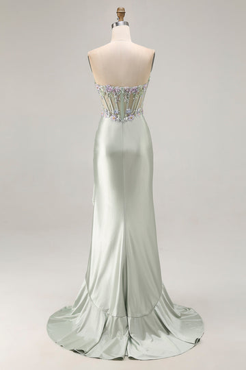 Dusty Sage Sweetheart Applique Corset Mermaid Sequin Long Prom Dress with Ruffle Slit